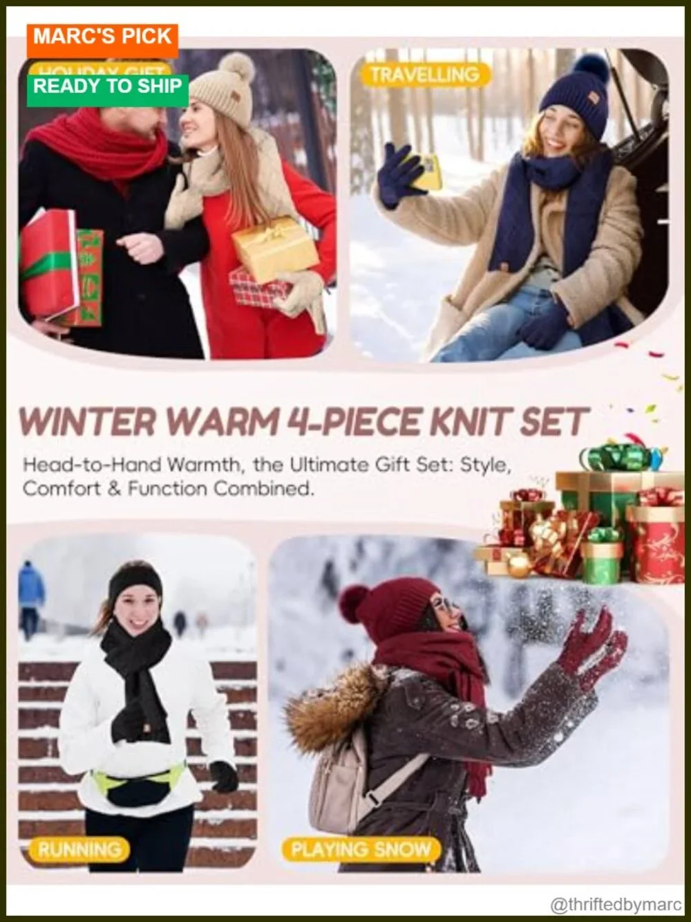Women's Winter Hat Scarf Gloves Headband 4-Piece Set, Pom Pom Beanie
